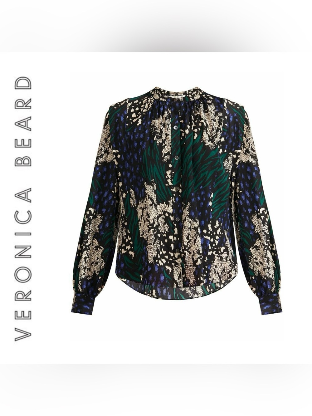 Veronica Beard Black, Green & Blue Printed Long-Sleeve Blouse